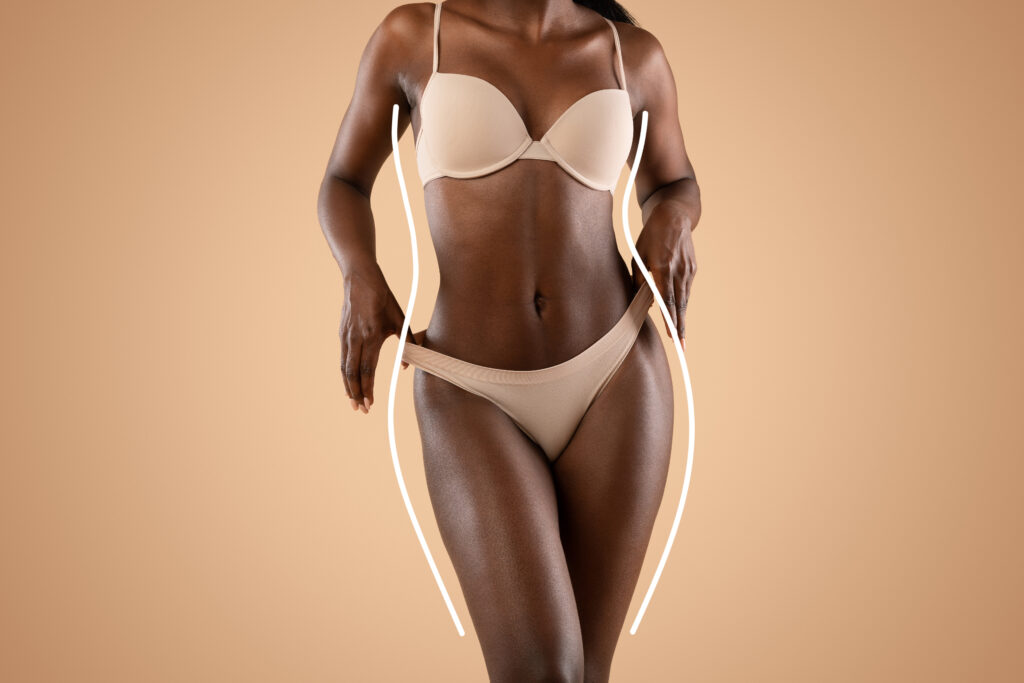 Woman in beige undergarments with contour lines highlighting her waist and hips, against a beige background.