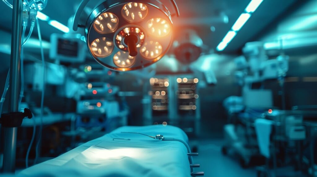 An operating room with surgical lights illuminated above a prepared surgical table.